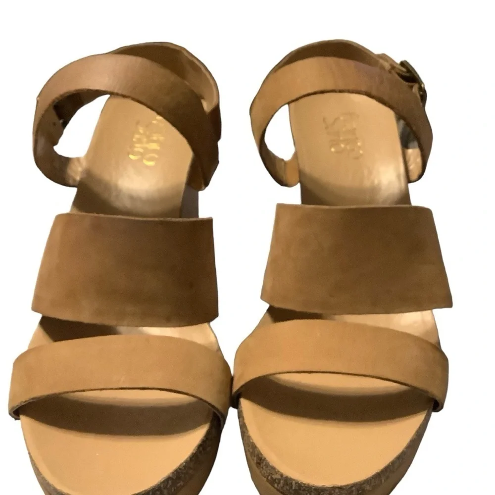 Franco Sarto‎ Womens Fiona Tan Leather Wedge Heel Strappy Sandals Size 9.5